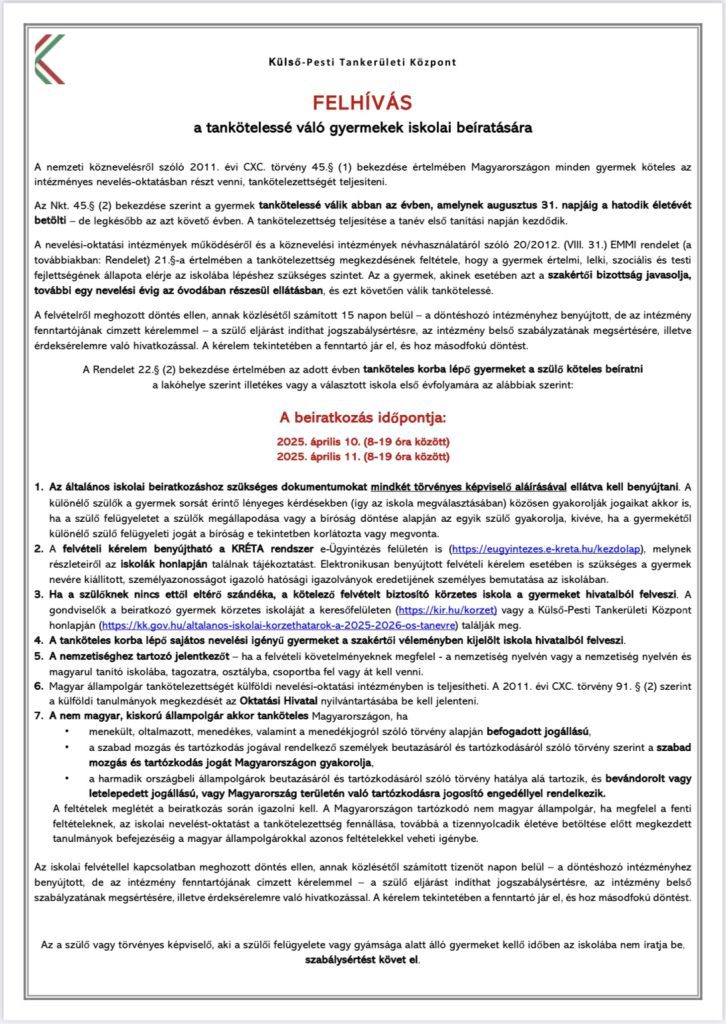 Felhívás, beiratkozás